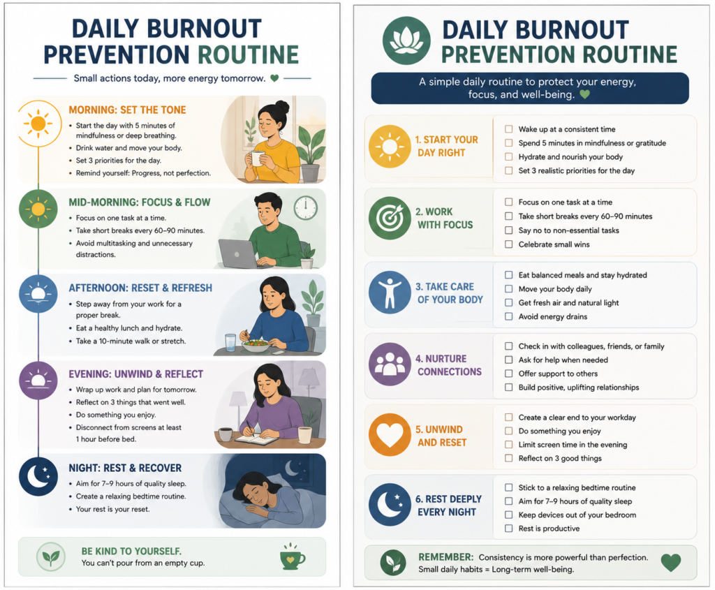 Daily workplace routine for preventing burnout through focus breaks recovery and work-life balance.