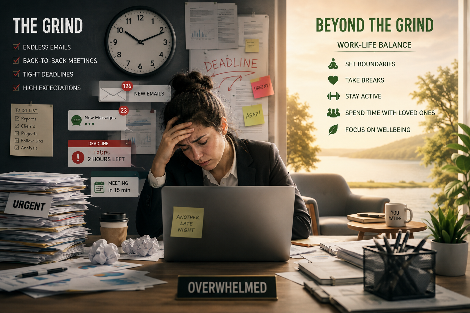 Workplace burnout showing an exhausted professional overwhelmed by deadlines and work stress