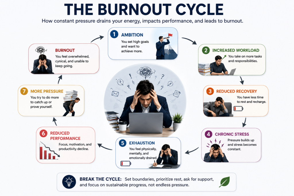 Workplace burnout cycle showing ambition overwork chronic stress exhaustion and burnout