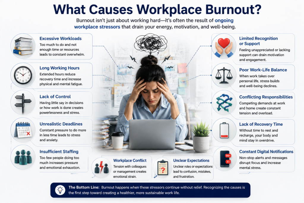 Common causes of workplace burnout including excessive workload long hours deadlines and workplace stress