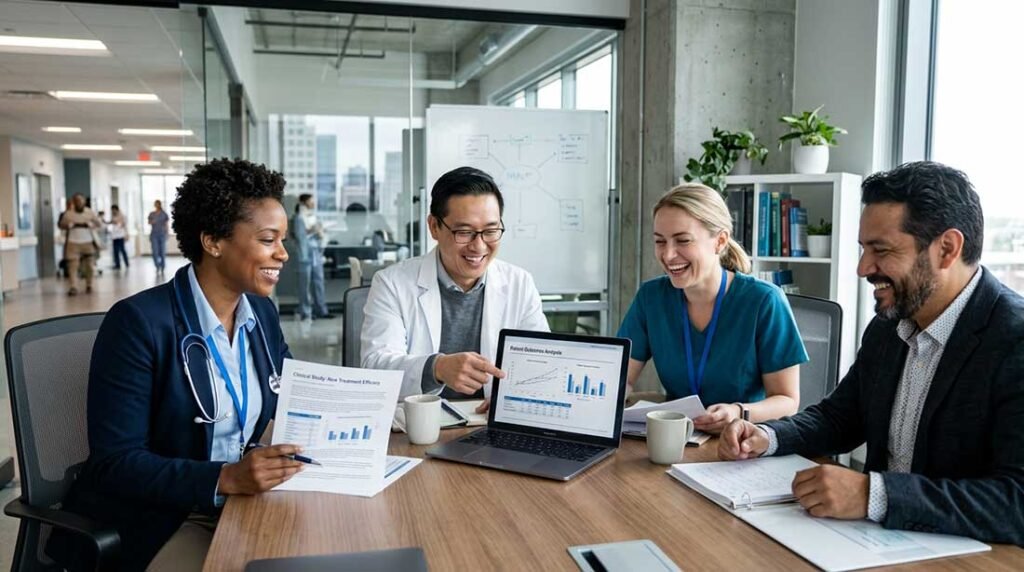 Healthcare professionals reviewing research