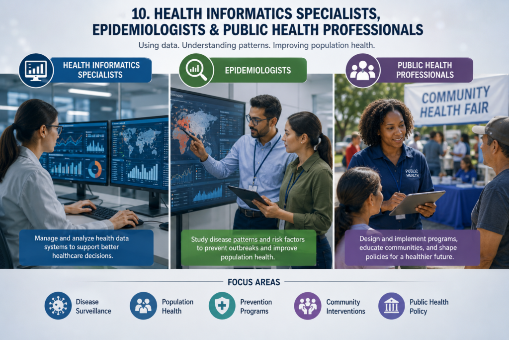Infographic showing health informatics specialists analyzing health data, epidemiologists studying disease patterns, and public health professionals leading community health programs and policy initiatives.