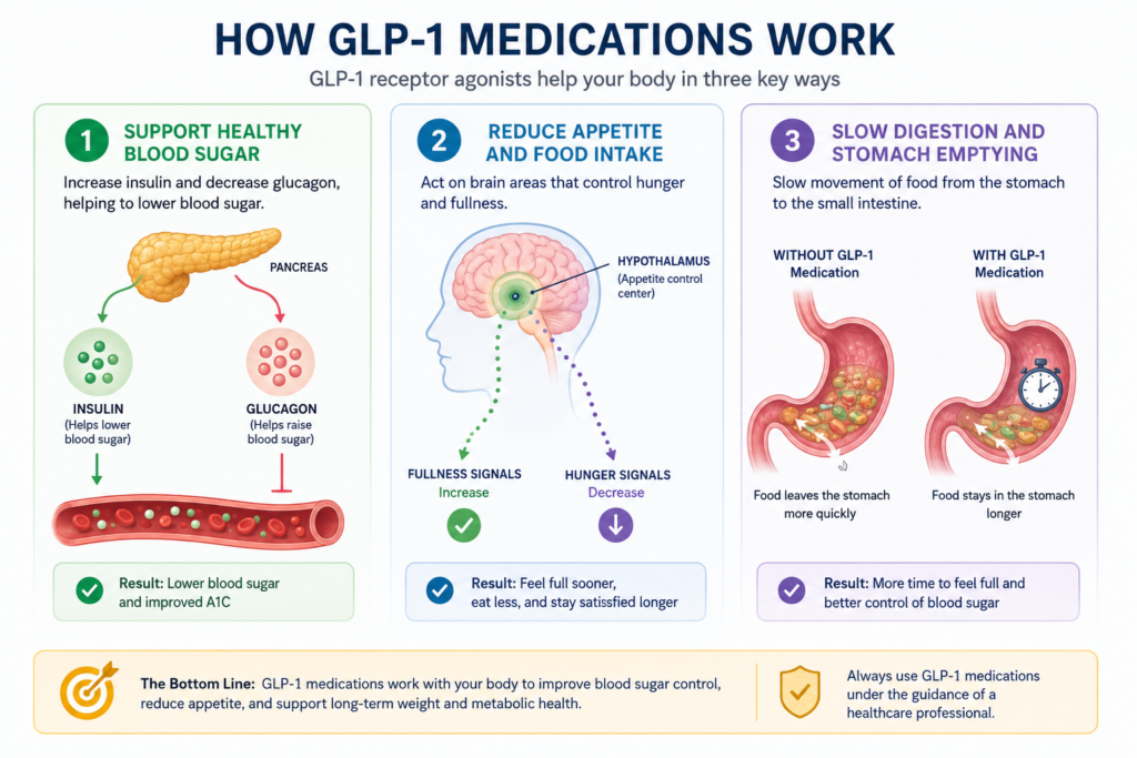 Infographic showing three ways GLP-1 medicines affect blood sugar, appetite, and stomach emptying