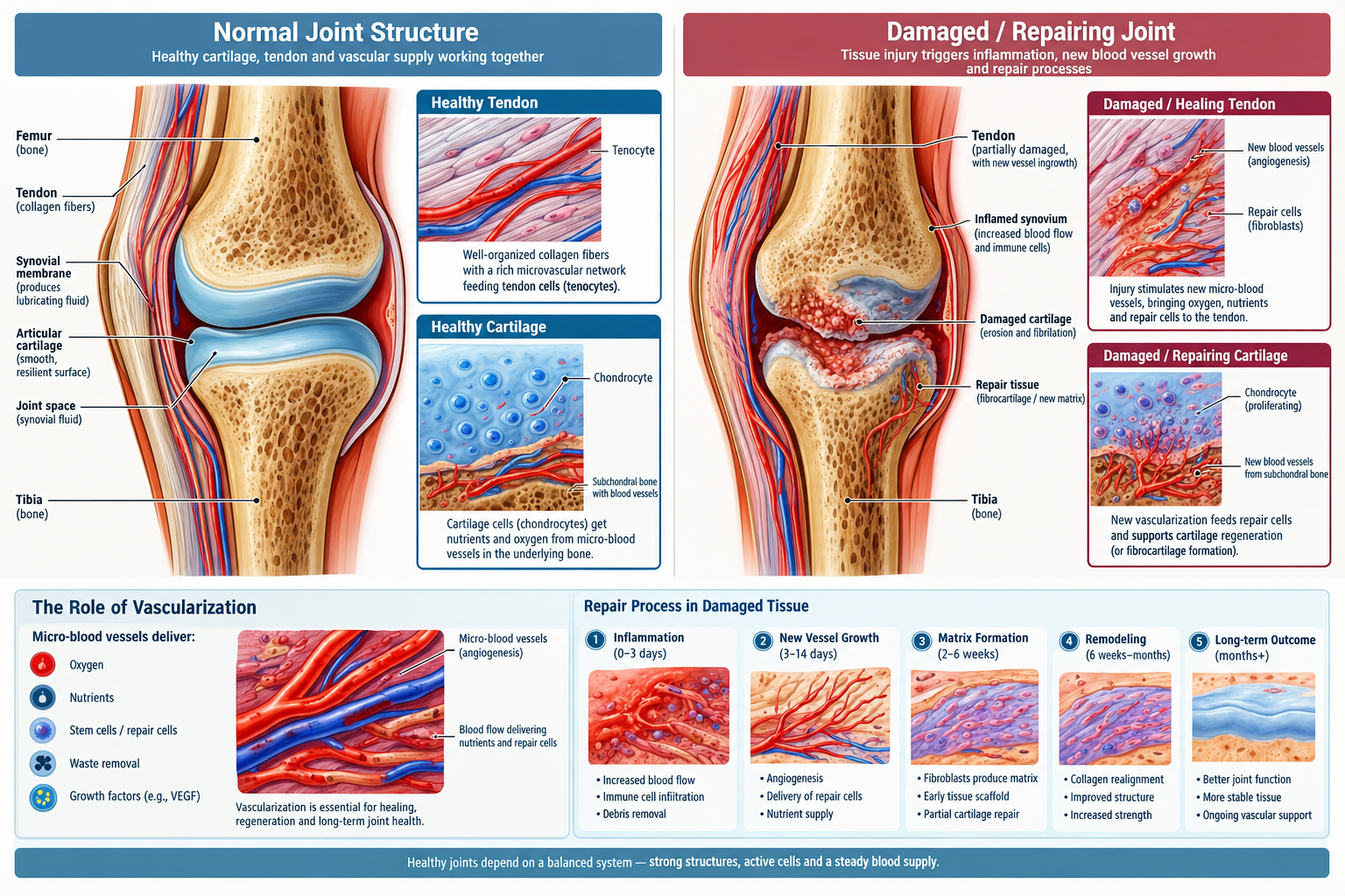 2143d43b-ee89-49dc-ae63-ec0639fb5edd Medical diagram showing knee joint tissue repair and blood vessel growth