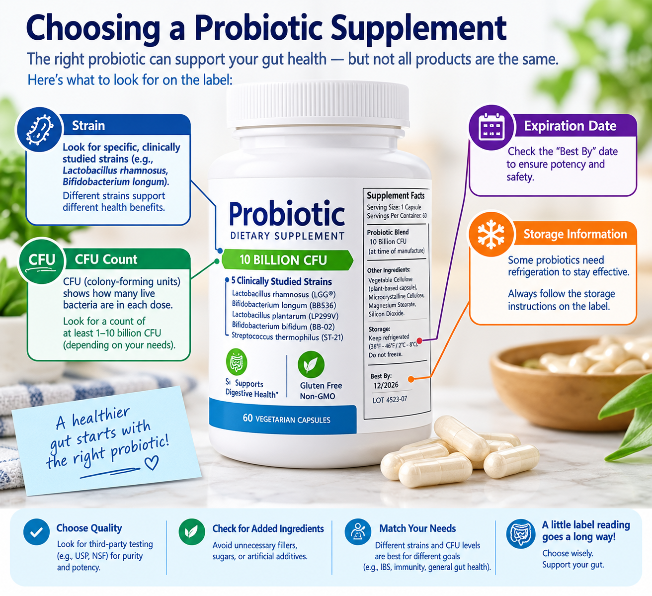 “How to choose a probiotic supplement by checking strain CFU and expiration date”