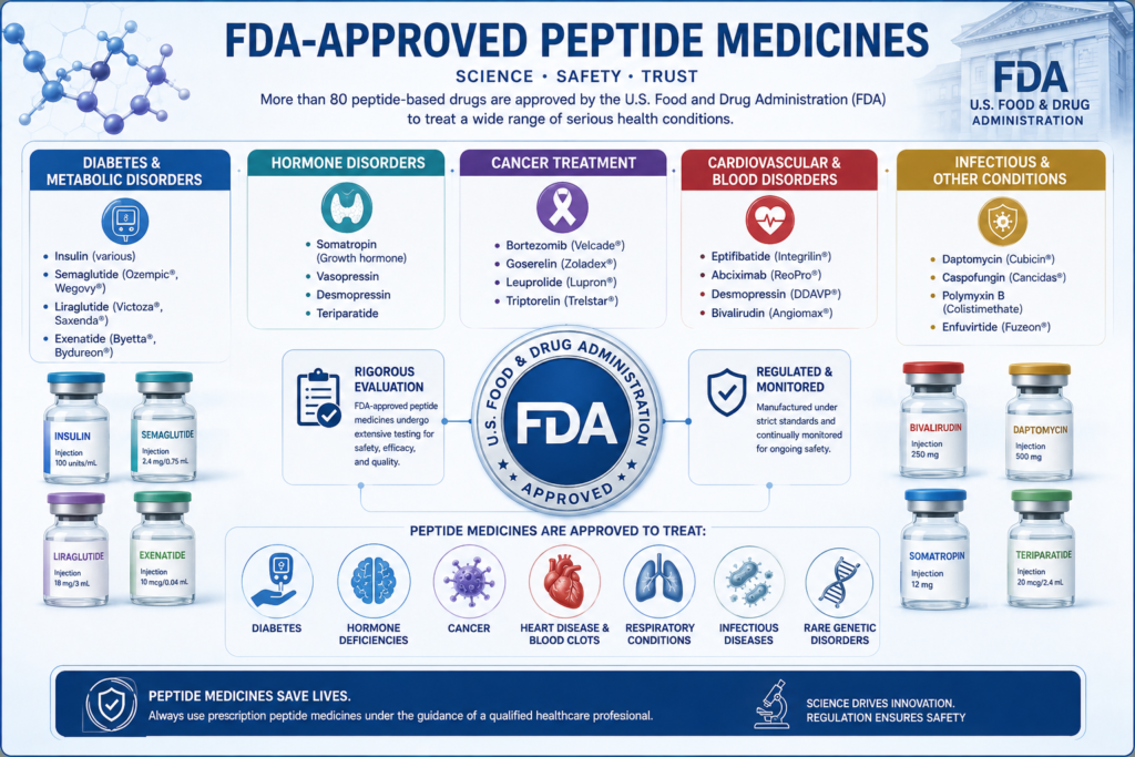 FDA-approved peptide-based medicines used to treat multiple health conditions