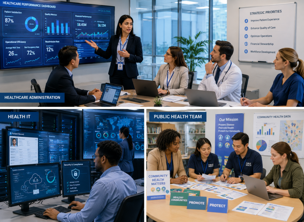 Healthcare administration team reviewing performance data, health IT professionals managing digital health systems, and a public-health team planning community health initiatives.
