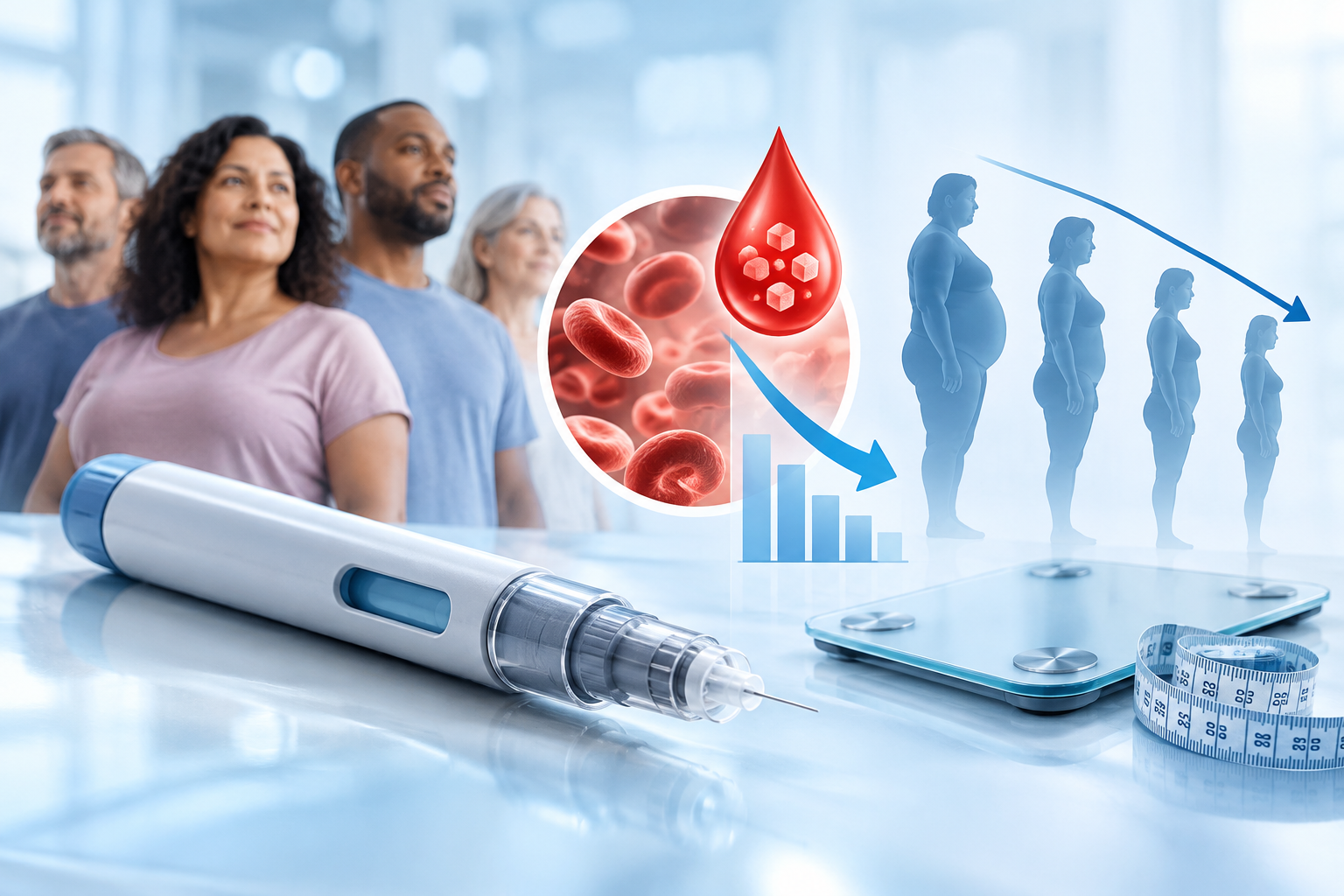 Professional obesity/metabolic-health visual showing gradual body-weight reduction, metabolic health and a clinical-research context. Avoid exaggerated before/after bodies.