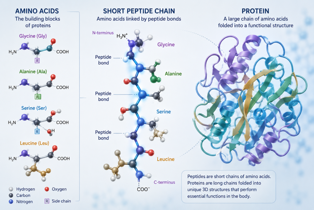 Illustration comparing a short peptide chain with a larger protein molecule”
