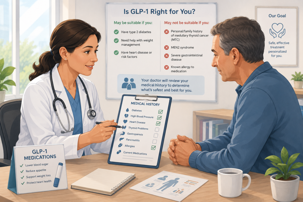 Doctor reviewing a patient’s medical history before prescribing GLP-1 medication