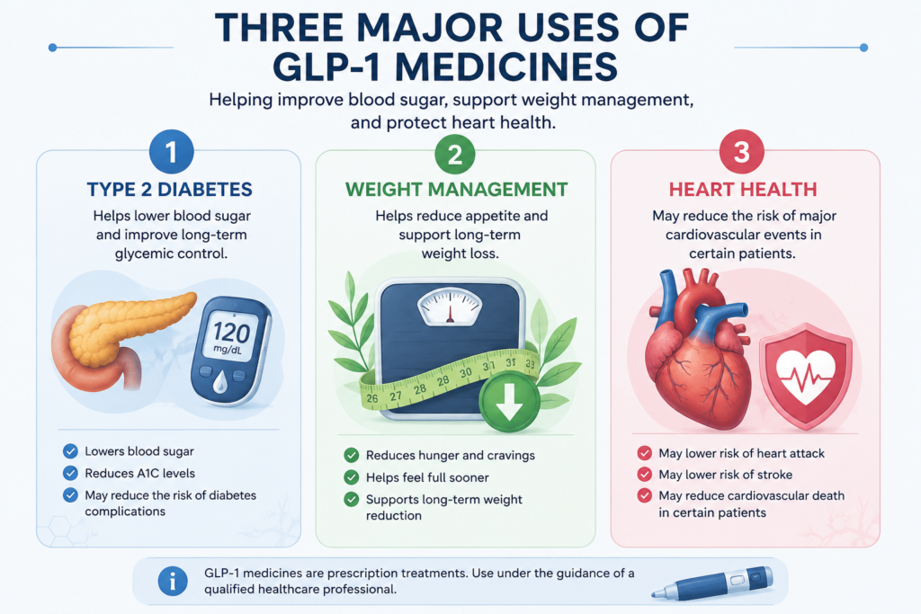 Three large visual sections: Type 2 diabetes → Weight management → Cardiovascular health, with pancreas/glucose, body-weight, and heart icons.