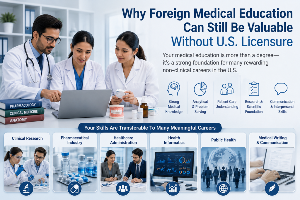 Foreign-trained healthcare professionals using medical knowledge in non-clinical careers