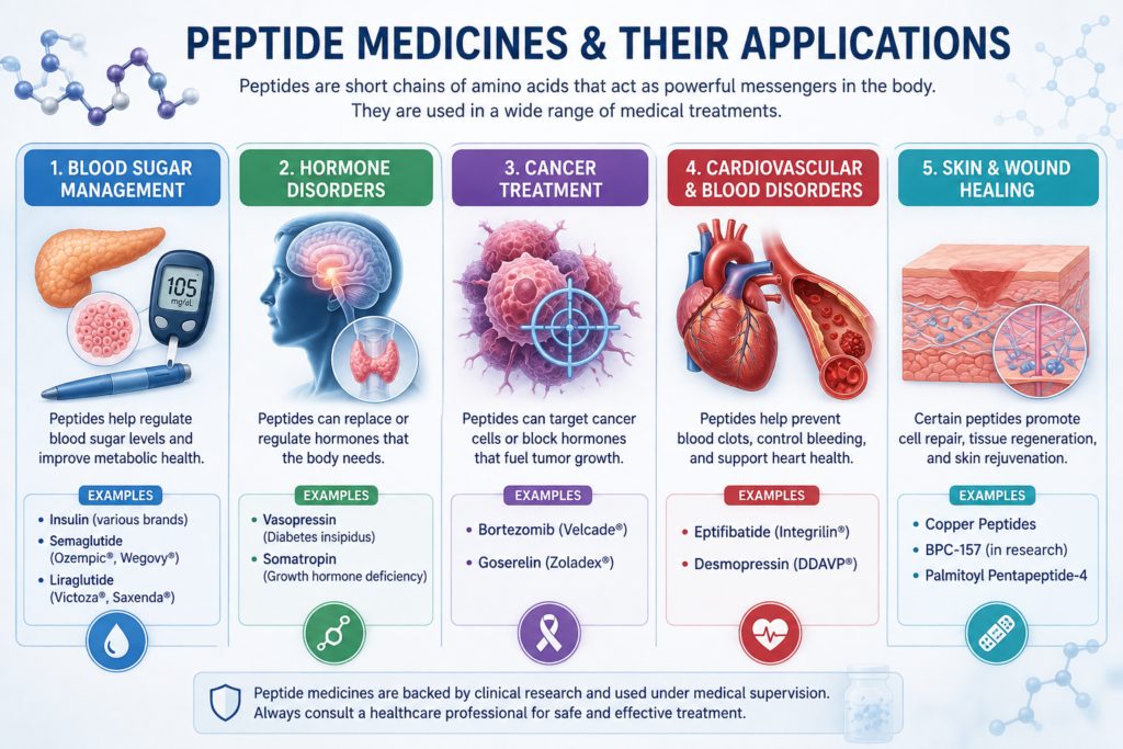 Medical applications of peptide-based drugs for diabetes, hormone disorders, cancer, and wound healing