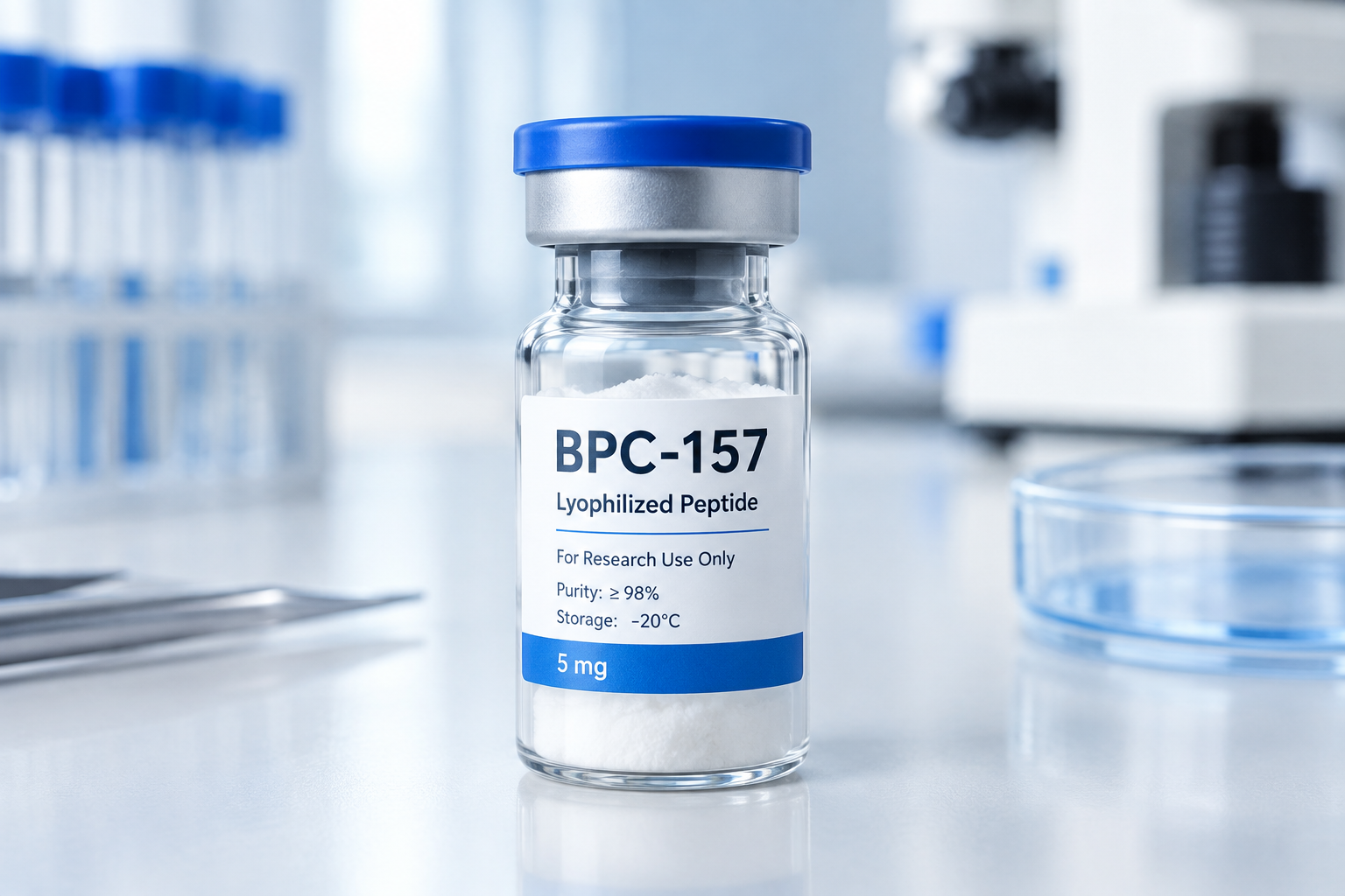 BPC-157 peptide vial on a clean clinical background