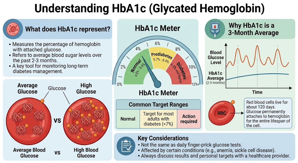 Medical illustration of red blood cells/glucose with an HbA1c test concept and subtle downward trend.