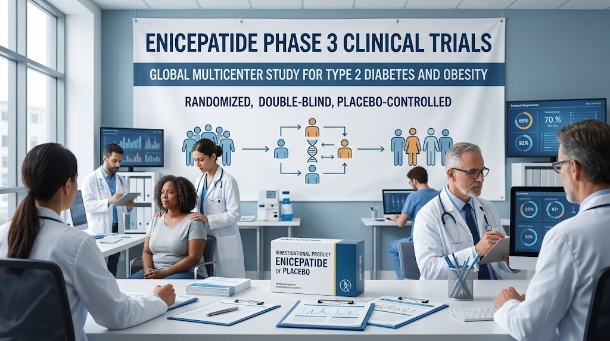 Clinical-development roadmap: Phase II → Phase III → larger patient population/research, with obesity and diabetes represented visually.