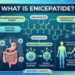 Enicepatide overview: clean medical-editorial 3D visual with an injectable pen, subtle GLP-1/GIP hormone or receptor visualization, metabolic/body silhouette and glucose elements.