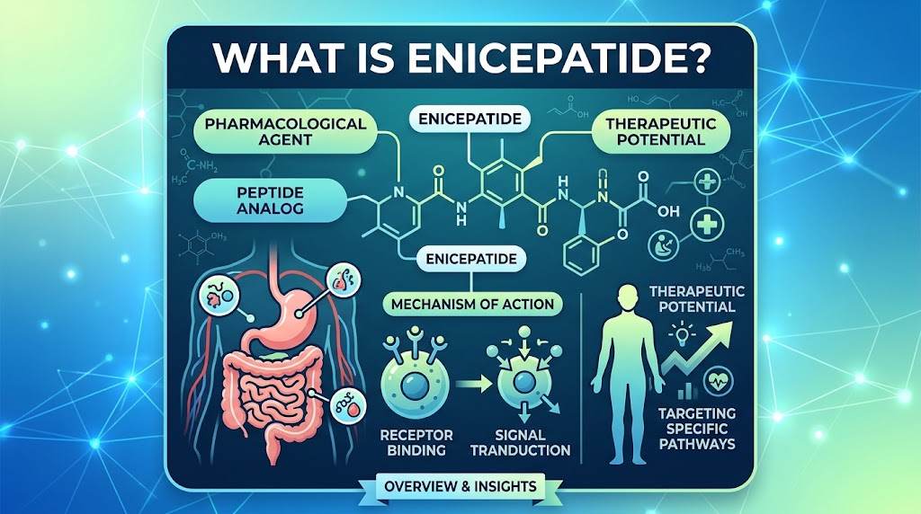 Enicepatide overview: clean medical-editorial 3D visual with an injectable pen, subtle GLP-1/GIP hormone or receptor visualization, metabolic/body silhouette and glucose elements.