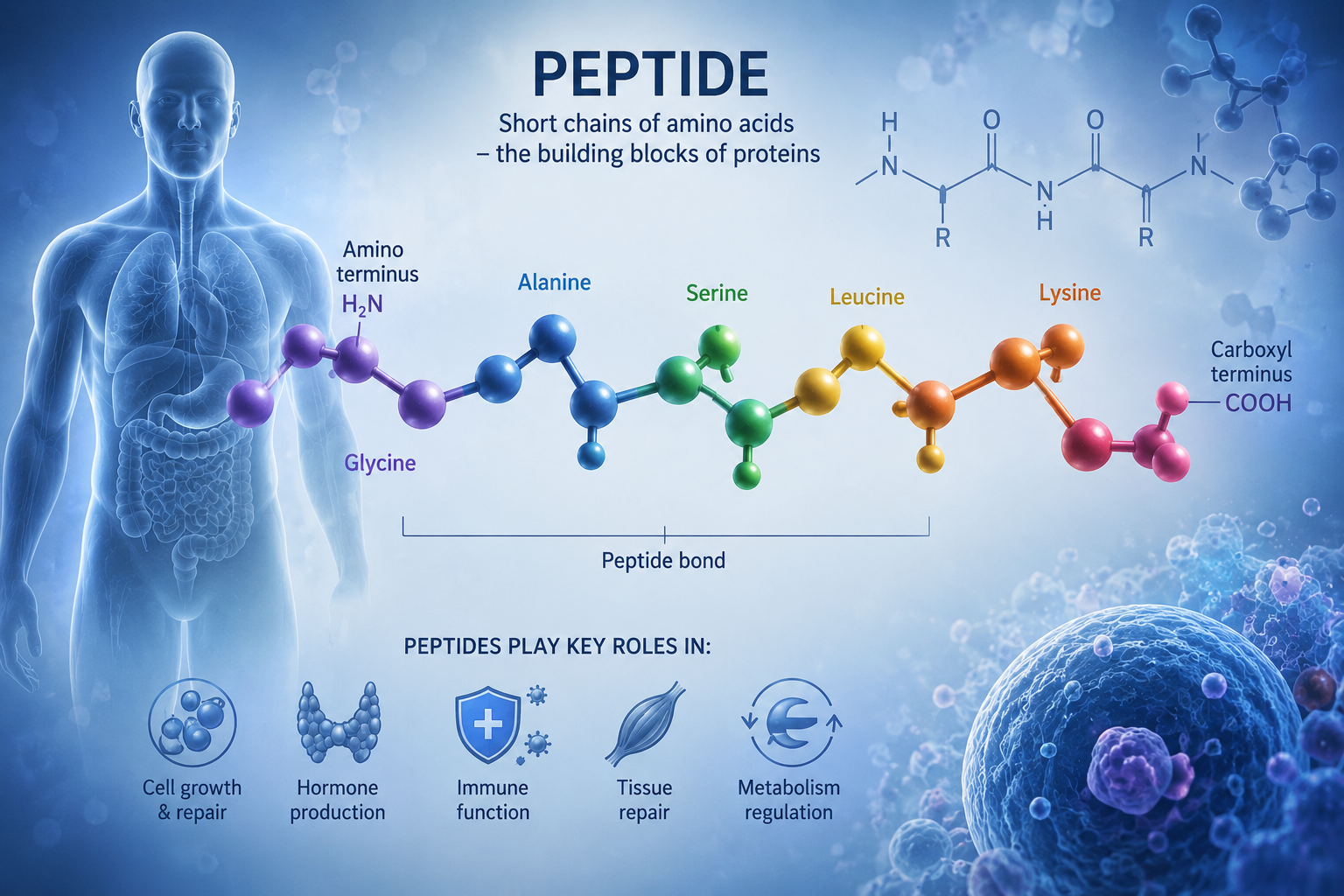 Peptide chain made of amino acids illustrating how peptides function in the human body