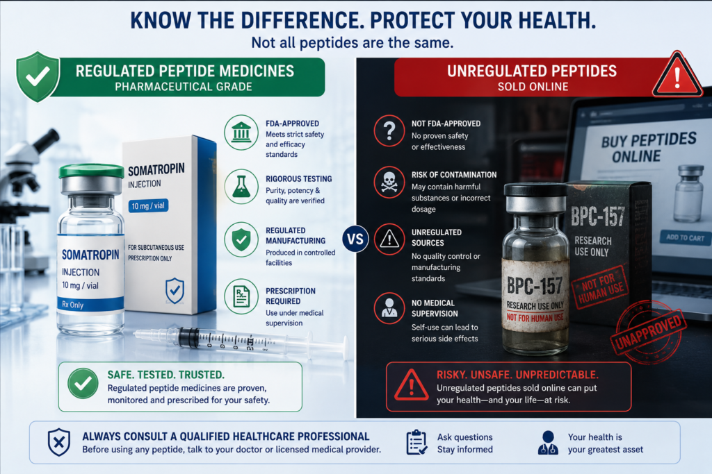 Comparison of regulated peptide medicines and unapproved peptides sold online