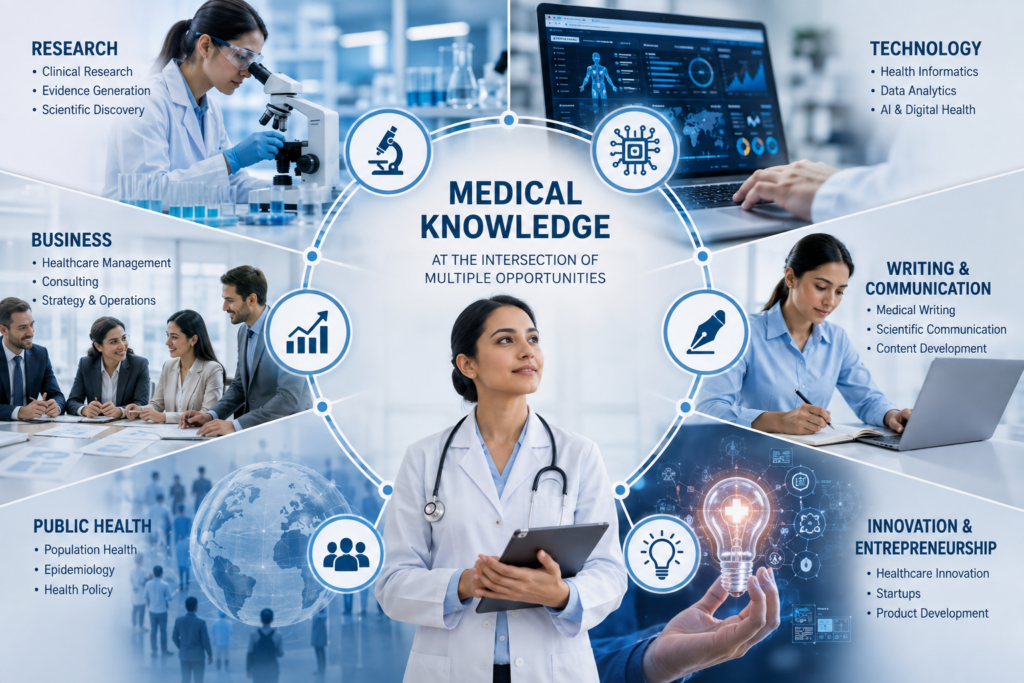 Healthcare knowledge combined with research, technology, business, and communication skills