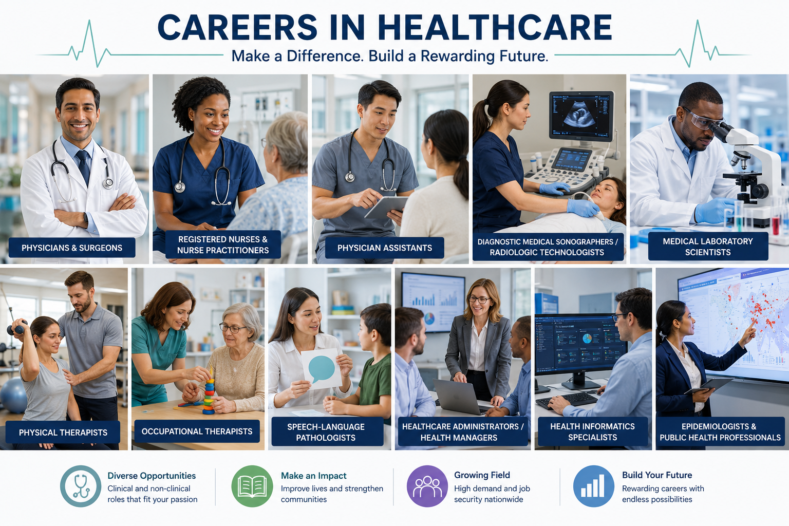 Healthcare professionals representing 10 in-demand medical and hospital career options in the US.
