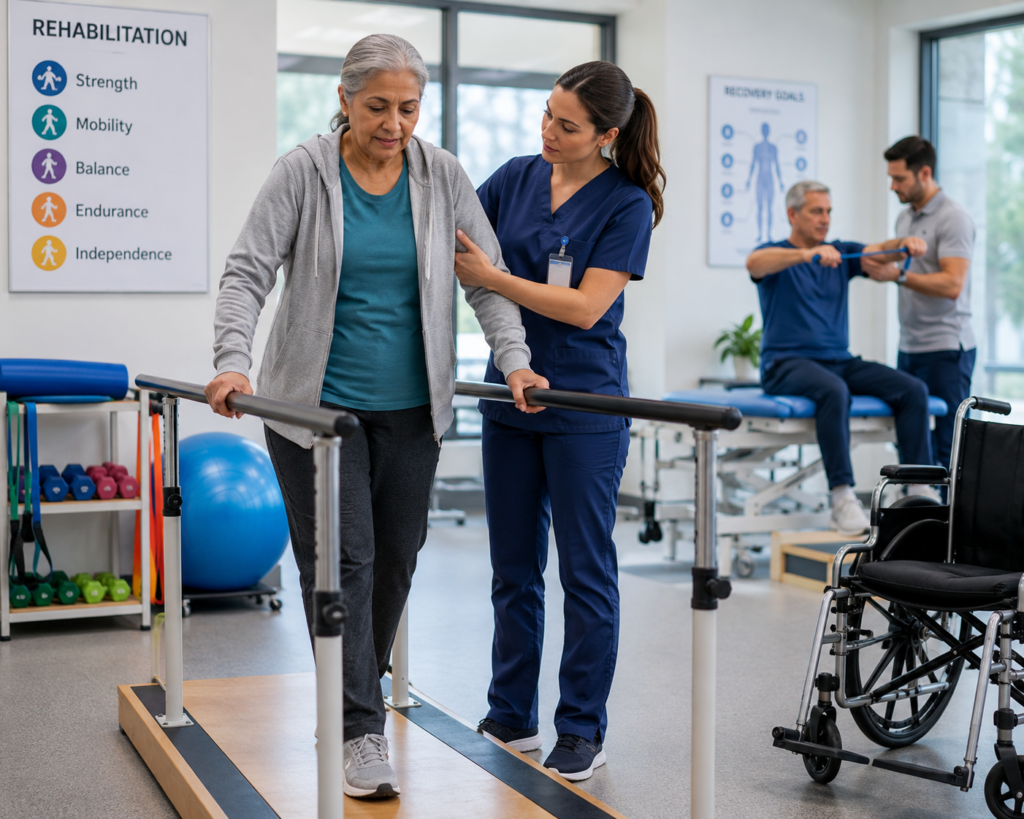 Physical therapist assisting an older patient with walking exercises in a rehabilitation clinic, with therapy equipment and another patient receiving strength training in the background.

