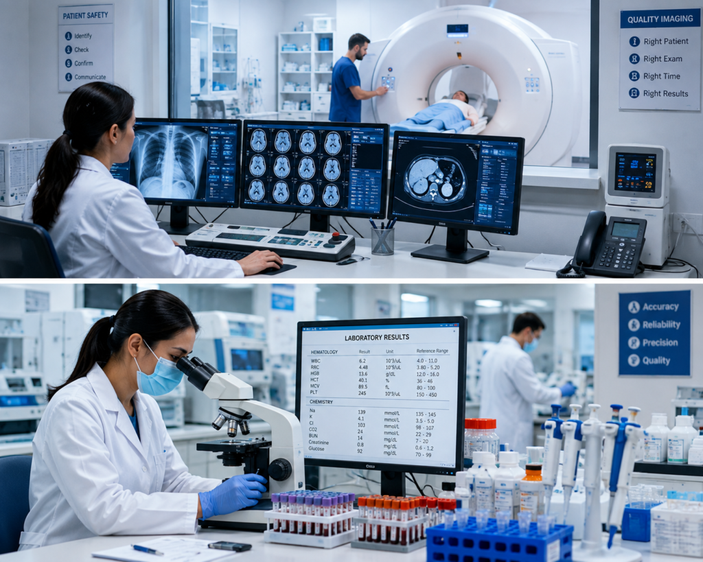Medical diagnostic imaging and laboratory testing, showing CT and MRI scans alongside a laboratory technician analyzing blood samples under a microscope.
