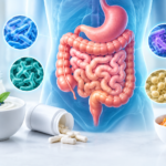 Probiotics and gut health illustrated with beneficial bacteria in the digestive system