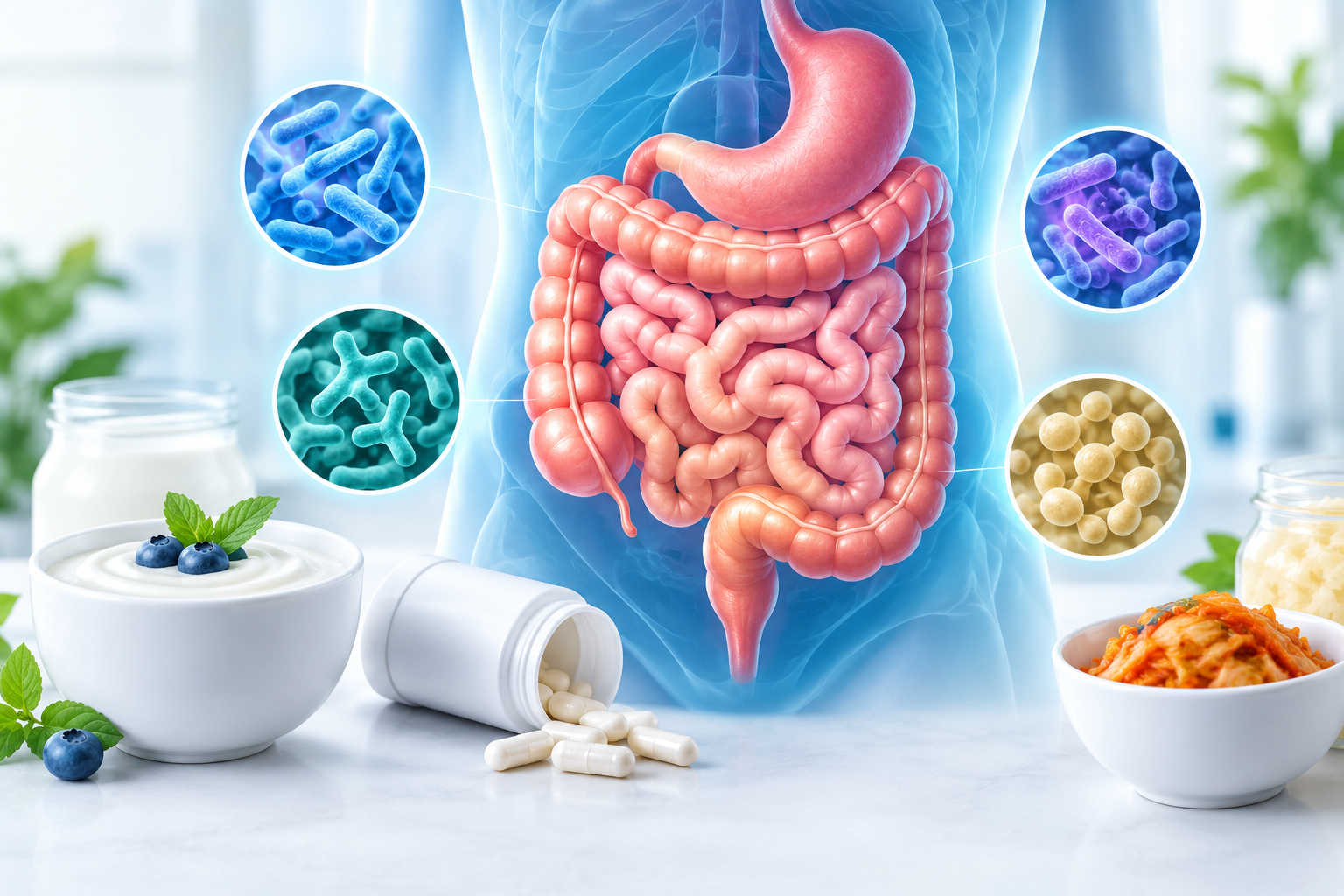 Probiotics and gut health illustrated with beneficial bacteria in the digestive system