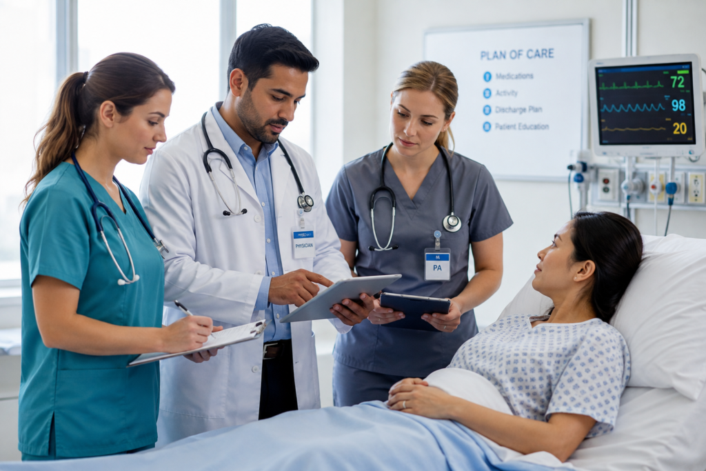 Physician, physician assistant, and nurse reviewing a patient’s clinical care plan in a hospital room.