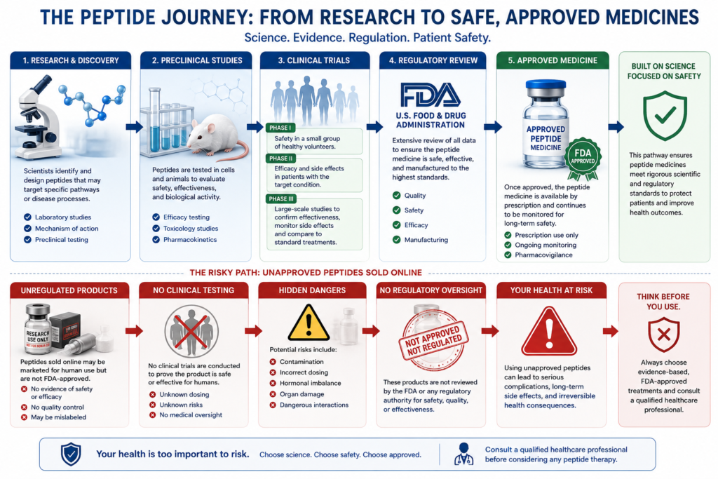 Path from peptide research and clinical trials to approved medical treatments