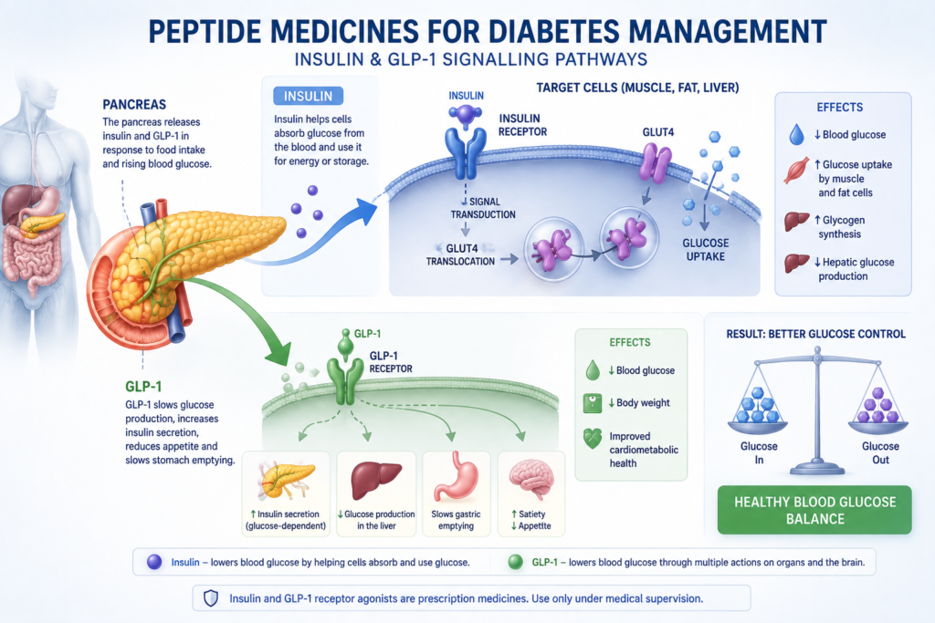 Peptide medicines such as insulin and GLP-1 receptor agonists used in diabetes management