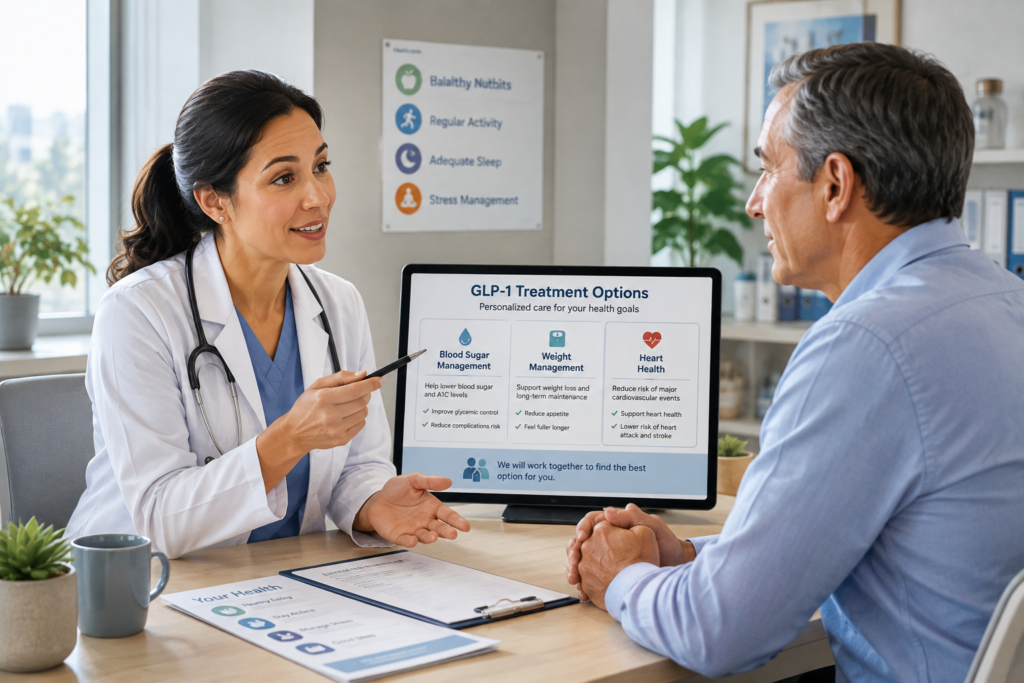 Healthcare professional discussing GLP-1 treatment options with a patient