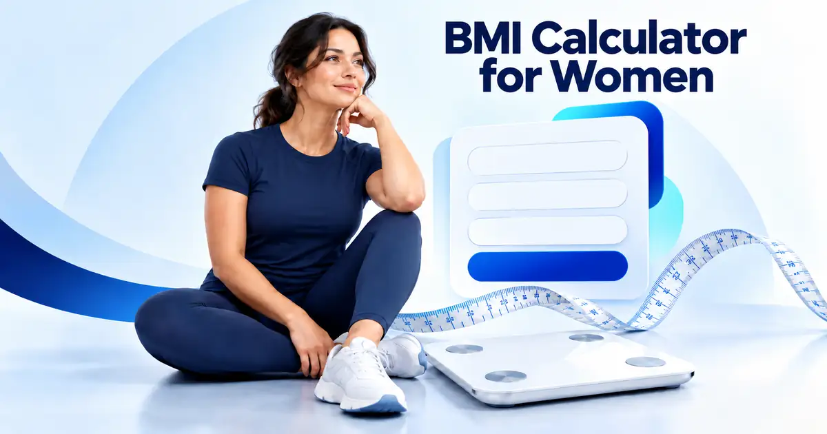 BMI calculator for women illustration with a woman, weighing scale and measuring tape
